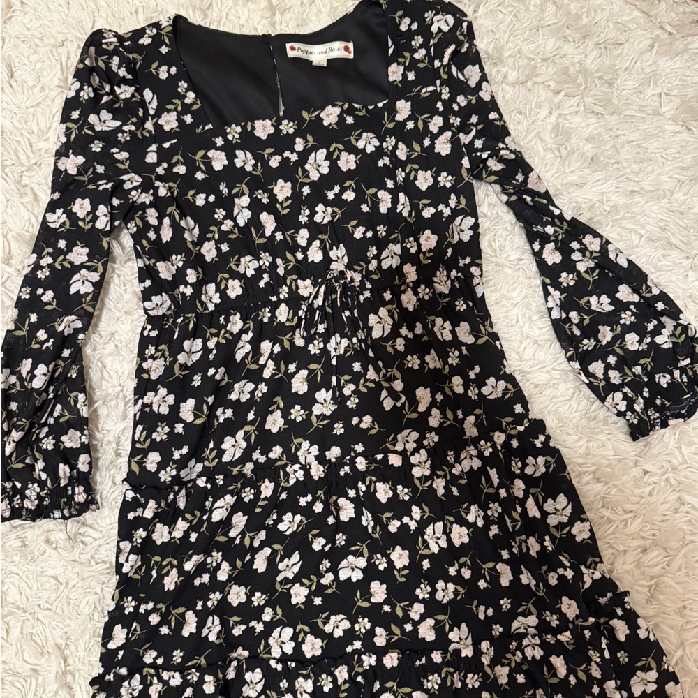 Floral Long Sleeve Dress - Black and White